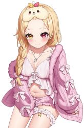 Rule 34 | 1girl, bangs pinned back, blonde hair, blush, braid, camisole, closed mouth, collarbone, commentary, forehead, frilled camisole, frilled shorts, frills, heterochromia, highres, hoshikawa sara, hoshikawa sara (7th costume), jacket, kag tsukimi, long sleeves, looking at viewer, loungewear, midriff, navel, nijisanji, official alternate costume, official alternate hairstyle, pink jacket, pink shorts, puffy long sleeves, puffy sleeves, red eyes, shorts, simple background, single braid, sitting, sleep mask, sleeves past wrists, smile, solo, symbol-only commentary, thigh strap, virtual youtuber, white background, white camisole, yellow eyes