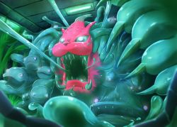 Rule 34 | claws, extra faces, fangs, fecto forgo, fecto forgo (monster), glowing, glowing eyes, highres, kirby (series), kirby and the forgotten land, monster, neon lights, nintendo, no humans, nostalgic graphic zone, plant, slime (creature), spoilers, tentacles
