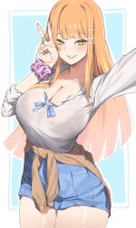 Rule 34 | 1girl, arm up, blue background, blue border, blue ribbon, blue skirt, blunt ends, blush, border, breasts, brown sweater, cleavage, clothes around waist, collarbone, commentary request, cowboy shot, dress shirt, fingernails, gakuen idolmaster, green eyes, grin, hair ornament, hairclip, highres, idolmaster, jewelry, large breasts, long fingernails, long hair, long sleeves, looking at viewer, miniskirt, multiple rings, neck ribbon, orange hair, outstretched arm, pink nails, pink scrunchie, pleated skirt, reaching, reaching towards viewer, ribbon, ring, school uniform, scrunchie, selfie, shirt, shiun sumika, sidelocks, skirt, sleeves rolled up, smile, straight hair, sweater, sweater around waist, swept bangs, tachibana-san, thighs, thighs together, v, wrist scrunchie