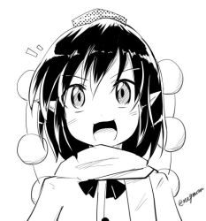 Rule 34 | 1girl, blush stickers, greyscale, hat, looking at viewer, monochrome, open mouth, pointy ears, pom pom (clothes), scarf, shameimaru aya, smile, taurine 8000mg, tokin hat, touhou, twitter username