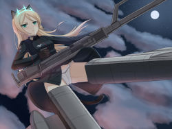 Rule 34 | &gt;:&lt;, 1girl, :&lt;, animal ears, aqua eyes, blonde hair, blush, brown gloves, cameltoe, cat ears, cat tail, closed mouth, cloud, flying, full moon, gloves, gun, heinrike prinzessin zu sayn-wittgenstein, highres, hirschgeweih antennas, holding, long hair, long sleeves, military, military uniform, moon, night, night sky, noble witches, panties, sky, solo, star (sky), strike witches, striker unit, tail, underwear, uniform, v-shaped eyebrows, weapon, white panties, world witches series, yakob labo