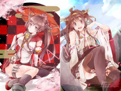 Rule 34 | 10s, 1girl, ahoge, akatsuki hijiri, bare shoulders, boots, breasts, brown eyes, brown hair, cherry blossoms, detached sleeves, double bun, flower, hair flower, hair ornament, hairband, japanese clothes, kantai collection, kongou (kancolle), large breasts, long hair, looking at viewer, miniskirt, nontraditional miko, oil-paper umbrella, open mouth, personification, ponytail, skirt, smile, thigh boots, thighhighs, umbrella, very long hair, watermark, yamato (kancolle)