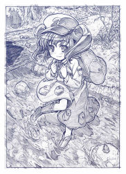 Rule 34 | 1girl, backpack, bag, boots, female focus, frog, graphite (medium), greyscale, hair bobbles, hair ornament, hat, kawashiro nitori, key, log, monochrome, nature, rubber boots, sakino shingetsu, solo, stream, touhou, traditional media, twintails, two side up, wading