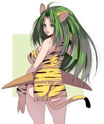 Rule 34 | 1girl, aged up, ahoge, alternate breast size, animal ears, animal hands, animal print, ass, blue eyes, boomerang, breasts, cham cham, contrapposto, covered erect nipples, dress, from behind, gloves, green hair, highres, kouno (masao), large breasts, long hair, microdress, no panties, paw gloves, samurai spirits, side slit, solo, standing, tail, tiger ears, tiger girl, tiger paws, tiger print, tiger tail, weapon, weapon on back