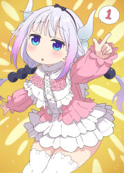 Rule 34 | 1girl, absurdres, bad id, bad pixiv id, black hairband, blue eyes, blush, buttons, capelet, dragon girl, dragon horns, feet out of frame, frilled capelet, frills, hairband, hatsuno xxx, highres, horns, kanna kamui, kobayashi-san chi no maidragon, light purple hair, long hair, long sleeves, low twintails, open mouth, slit pupils, solo, speech bubble, thighhighs, twintails, white capelet, white thighhighs