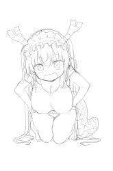 Rule 34 | 1girl, :d, barefoot, breasts, cleavage cutout, clothing cutout, cool-kyou shinja, dragon girl, dragon horns, dragon tail, full body, greyscale, hands on own hips, highres, horns, kobayashi-san chi no maidragon, large breasts, leaning forward, long hair, looking at viewer, maid headdress, monochrome, open mouth, panties, sharp teeth, shirt, short sleeves, simple background, slit pupils, smile, solo, tail, teeth, tohru (maidragon), twintails, underwear, white background
