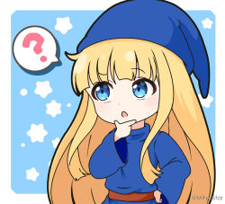 Rule 34 | 1girl, ?, blonde hair, blue background, blue dress, blue eyes, blue headwear, commentary request, dress, hand up, long hair, long sleeves, looking to the side, mitya, puyopuyo, solo, spoken question mark, star (symbol), starry background, twitter username, two-tone background, very long hair, white background, wide sleeves, witch (puyopuyo)