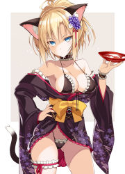 Rule 34 | 1girl, alcohol, animal ears, bare shoulders, black hair, blonde catgirl (ohta yuichi), blonde hair, blue eyes, breasts, cat ears, cat tail, cleavage, collar, collarbone, cup, gluteal fold, hair ornament, hand on own hip, highres, japanese clothes, kimono, looking at viewer, medium breasts, off shoulder, ohta yuichi, original, ponytail, sakazuki, sake, sash, solo, standing, tail, thigh strap