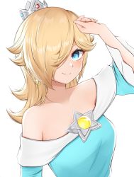 Rule 34 | 1girl, blonde hair, blue eyes, closed mouth, crown, hair over one eye, highres, long hair, looking at viewer, mario (series), nintendo, off shoulder, rosalina, simple background, smile, solo, star (symbol), super mario galaxy, tomatomiya, upper body, white background