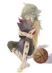 Rule 34 | 1boy, aged down, ball, barefoot, basketball, basketball (object), blood, capri pants, closed eyes, commentary request, creatures (company), cuts, dirty, eyelashes, game freak, gen 5 pokemon, green hair, green pants, highres, holding, holding pokemon, injury, janis (hainegom), long hair, male focus, n (pokemon), nintendo, pants, pokemon, pokemon (creature), pokemon bw, shirt, short sleeves, toes, yellow shirt, zorua