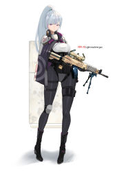 Rule 34 | 1girl, bamuth, black footwear, boots, breasts, closed mouth, expressionless, full body, grey hair, gun, highres, holding, holding gun, holding weapon, looking at viewer, machine gun, medium breasts, multicolored hair, original, ponytail, purple eyes, purple hair, solo, streaked hair, two-tone hair, weapon
