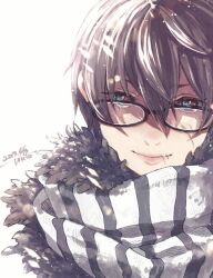 Rule 34 | 1boy, black-framed eyewear, black scarf, blue eyes, brown hair, closed mouth, commentary request, dated, dovahkiin, fur collar, glasses, hair between eyes, looking at viewer, male focus, portrait, scarf, short hair, signature, simple background, smile, solo, striped clothes, striped scarf, the elder scrolls, the elder scrolls v: skyrim, tokio (okt0w0), white background, white scarf
