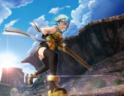 Rule 34 | 1girl, black shorts, blue eyes, blue hair, blue sky, breasts, cloud, covered navel, day, floating hair, from below, game cg, gun, hair between eyes, holding, holding gun, holding weapon, lens flare, looking at viewer, medium breasts, open mouth, outdoors, running, scarf, short hair with long locks, short shorts, shorts, sky, solo, sparkle, sunlight, sword art online, thighhighs, weapon, white scarf, zettai ryouiki