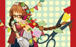Rule 34 | 1girl, 24 (24phage), brown hair, candy, female focus, food, glasses, hair ornament, lollipop, long hair, plant, postage stamp, scarf, scissors, solo, very long hair, watch