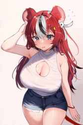 Rule 34 | 1girl, absurdres, alternate breast size, animal ears, arm up, blush, braid, breasts, cleavage, cleavage cutout, clothing cutout, denim, denim shorts, dice hair ornament, hair ornament, hakos baelz, highres, hololive, hololive english, large breasts, long hair, looking at viewer, mouse ears, mouse girl, mouse tail, open mouth, shirt, shorts, simple background, sleeveless, sleeveless shirt, solo, soradally, tail, thighs, virtual youtuber, white background