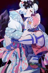 Rule 34 | 1boy, 1girl, abs, akaza (kimetsu no yaiba), alternate universe, artist name, bare shoulders, black footwear, blue hair, blue kimono, blue sclera, colored eyelashes, colored sclera, covered mouth, cowboy shot, demon boy, demon girl, eyelashes, facial mark, facial tattoo, flower, flower-shaped pupils, flower tattoo, full-body tattoo, hair bun, hair flower, hair ornament, hair pulled back, hand on another&#039;s head, hands up, highres, hug, japanese clothes, jiuyu0, kimetsu no yaiba, kimono, koyuki (kimetsu no yaiba), long sleeves, looking at viewer, male focus, multicolored hair, nihongami, obi, pants, pink hair, pink nails, pink ribbon, polka dot, polka dot kimono, red background, red eyes, red nails, ribbon, sash, short hair, sideways glance, single hair bun, sleeveless, streaked hair, symbol-shaped pupils, tassel, tattoo, text in eyes, toned, toned male, updo, vine print, white hair, wide sleeves, yellow eyes
