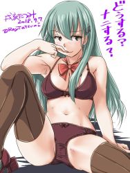 Rule 34 | 1girl, aqua hair, armpits, ascot, bow, bow panties, bra, breasts, brown bra, brown panties, brown thighhighs, feet out of frame, green eyes, hair ornament, hairclip, kantai collection, long hair, looking at viewer, medium breasts, naughty face, panties, red ascot, simple background, sitting, solo, spread legs, suzuya (kancolle), tatsumi ray, thighhighs, translation request, underwear, white background
