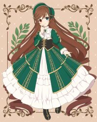 Rule 34 | 1girl, black corset, black footwear, bonnet, brown background, brown hair, closed mouth, corset, dress, drill hair, finger to face, frilled dress, frills, frown, full body, furrowed brow, green dress, green eyes, green headwear, hand up, heterochromia, highres, light blush, long hair, looking at viewer, red eyes, rozen maiden, shoes, solo, suiseiseki, swept bangs, twin drills, very long hair, yuka (akira05071991)