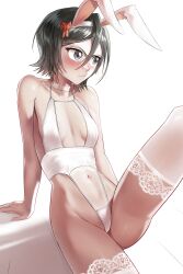 Rule 34 | 1girl, absurdres, animal ears, arm support, black hair, bleach, blush, bow, breasts, center opening, choker, covered navel, grey eyes, hair between eyes, hair bow, hairband, halter leotard, halterneck, highleg, highleg leotard, highres, kuchiki rukia, lace, lace-trimmed legwear, lace trim, leotard, lingerie, navel, nose blush, rabbit ears, red bow, revealing clothes, see-through, short hair, sitting, small breasts, solo, thighhighs, underwear, waligner, white choker, white hairband, white thighhighs