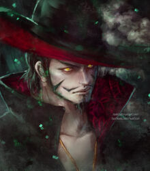 Rule 34 | 1boy, artist name, beard, black hair, collarbone, commentary, dracule mihawk, english commentary, facial hair, hat, hat feather, highres, looking at viewer, male focus, mustache, nanfe, one piece, short hair, sideburns, solo, watermark, web address, yellow eyes