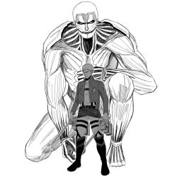 Rule 34 | armored titan, giant, giant monster, kaijuu, male focus, monochrome, monster, muscular, no pupils, reiner braun, shingeki no kyojin, titan (shingeki no kyojin), uniform, weapon