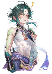 Rule 34 | !, 1boy, absurdres, arm tattoo, bead necklace, beads, blue hair, blush, braid, cropped legs, facial mark, forehead mark, genshin impact, genshin impact sticker redraw (meme), gloves, green hair, highres, jewelry, makeup, male focus, meme, multicolored hair, multiple views, necklace, parted lips, pottsness, reference inset, simple background, single braid, tassel, tattoo, twitter username, white background, xiao (genshin impact), yellow eyes
