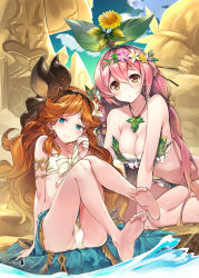 Rule 34 | 2girls, armlet, bandeau, bare legs, barefoot, bikini, blue eyes, breasts, brown eyes, cleavage, closed mouth, feet, flower, front-tie bikini top, front-tie top, granblue fantasy, hair between eyes, hair flower, hair ornament, hairband, heart, heart-shaped pupils, highres, jewelry, kneeling, large breasts, leaning forward, long hair, monster girl, multiple girls, navel, necklace, non-web source, orange hair, outdoors, page number, pink hair, plant girl, pointy ears, sara (granblue fantasy), sitting, small breasts, smile, soles, super zombie, swimsuit, symbol-shaped pupils, toes, water, yggdrasil (granblue fantasy)