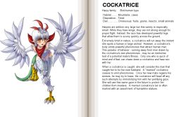 Rule 34 | 1girl, bad link, blush, character profile, cockatrice, cockatrice (monster girl encyclopedia), english text, feathers, fur, hard-translated, harpy, kenkou cross, monster girl, monster girl encyclopedia, official art, open mouth, pointy ears, red eyes, scales, scarf, solo, standing, standing on one leg, tail, talons, third-party edit, translated, white hair, wings, yellow eyes