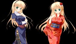Rule 34 | 1girl, black background, blonde hair, game cg, green eyes, japanese clothes, jewelry, kimono, long hair, mikeou, miraroma, multiple views, necklace, nun, ragnarok online, seihouin erika, simple background, thighhighs