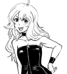 Rule 34 | 1girl, bad id, bare shoulders, bb (baalbuddy), breasts, choker, cleavage, commentary, dominatrix, dress, full-length zipper, greyscale, hand on own hip, hip focus, hoshii miki, idolmaster, idolmaster (classic), inactive account, latex, long hair, monochrome, open mouth, small breasts, solo, strapless, strapless dress, wristband, zipper