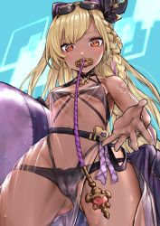 Rule 34 | 1girl, blonde hair, breasts, dark-skinned female, dark skin, granblue fantasy, helel ben shalem, helel ben shalem (summer) (granblue fantasy), highres, long hair, mochoi soku, navel, official alternate costume, orange eyes, outstretched arm, see-through, small breasts, solo, swimsuit, very long hair
