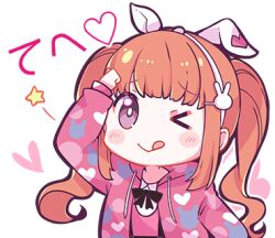 Rule 34 | &gt; o, 1girl, ;q, animal ears, arm up, black ribbon, blush, bright pupils, chibi, denonbu, dojikko pose, hair ornament, hand on own head, heart, hood, hooded jacket, jacket, long hair, long sleeves, looking at viewer, lowres, neck ribbon, nonkomu (furiten5553), official art, one eye closed, orange hair, outline, pink jacket, pink shirt, purple eyes, rabbit ears, rabbit hair ornament, ribbon, sakurano mimito, shirt, smile, solo, star (symbol), tehepero, tongue, tongue out, translation request, transparent background, twintails, upper body, white outline, white pupils
