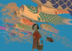 Rule 34 | 1girl, black eyes, black hair, blue background, blunt ends, bob cut, bucket, carrying over shoulder, cloud, commentary, feet out of frame, fishing rod, floating hair, forehead, from side, highres, holding, holding bucket, holding fishing rod, japanese clothes, kimono, kodomo no hi, koinobori, koma1-nu, looking to the side, obi, original, parted lips, red kimono, sash, seigaiha, short hair, short sleeves, solo, walking, windsock, wooden bucket