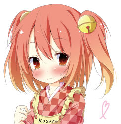 Rule 34 | 1girl, apron, bell, blonde hair, blush, character name, checkered clothes, frown, gradient hair, hair bell, hair ornament, highres, hinata ichi, japanese clothes, kimono, motoori kosuzu, multicolored hair, red eyes, red hair, solo, touhou, twintails, two side up