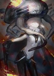 Rule 34 | 10s, 1girl, abyssal ship, aqua eyes, black gloves, black pants, bodysuit, breasts, cane, cape, colored skin, covered navel, cowboy shot, gloves, hair between eyes, hat, kantai collection, looking away, looking to the side, medium breasts, namayake, open fly, pants, short hair, sidelocks, skin tight, solo, standing, tentacles, turret, white hair, white skin, wo-class aircraft carrier