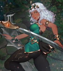 Rule 34 | 1girl, black pants, blunt bangs, bracelet, breasts, cleavage, dark-skinned female, dark skin, gem, gold bracelet, green nails, green shirt, holding, holding weapon, huge weapon, jewelry, lavelis, league of legends, lips, looking to the side, makeup, nail polish, necklace, pants, qiyana (league of legends), shirt, solo, tiara, weapon, white hair, yellow eyes