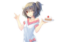 Rule 34 | 1girl, ;p, breasts, brown hair, cake, cake slice, feihong, food, fruit, looking at viewer, off shoulder, one eye closed, original, plate, red eyes, side ponytail, simple background, small breasts, smile, solo, strawberry, tongue, tongue out, white background