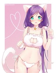 Rule 34 | 10s, 1girl, :d, animal ears, bell, neck bell, blush, breasts, cat cutout, cat ear panties, cat ears, cat lingerie, cleavage, cleavage cutout, clothing cutout, collar, jingle bell, long hair, looking at viewer, love live!, love live! school idol project, low twintails, medium breasts, meme attire, moorina, navel, open mouth, panties, paw pose, purple hair, scrunchie, side-tie panties, smile, solo, tail, tojo nozomi, twintails, twitter username, underwear, underwear only