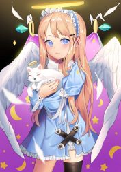 Rule 34 | 1girl, absurdres, angel, angel wings, bad id, bad pixiv id, black collar, blonde hair, blue dress, blue eyes, cat, collar, cowboy shot, crescent, dress, feathered wings, frilled dress, frills, gem, hair ornament, hairband, hairclip, halo, highres, jewelry, lolita hairband, long hair, long sleeves, looking at viewer, merong (sou47897), original, pointy ears, puffy long sleeves, puffy sleeves, ring, short dress, single thighhigh, solo, sparkle, star (symbol), thighhighs, very long hair, white wings, wings