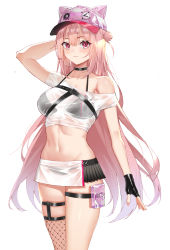 Rule 34 | 1girl, absurdres, animal ear headwear, animal ears, arm up, bare shoulders, baseball cap, bikini, bikini under clothes, black bikini, black gloves, blush, breasts, cowboy shot, crop top, fake animal ears, fingerless gloves, fishnet thighhighs, fishnets, girls&#039; frontline, gloves, groin, hair bun, hat, highres, large breasts, long hair, looking at viewer, microskirt, midriff, navel, off-shoulder shirt, off shoulder, official alternate costume, pink eyes, pink hair, pink hat, pouch, revision, shirt, short sleeves, simple background, single hair bun, single thighhigh, skirt, solo, standing, stomach, swimsuit, thigh strap, thighhighs, thighs, ukm-2000 (girls&#039; frontline), ukm-2000 (soda tale) (girls&#039; frontline), very long hair, wet, wet clothes, wet shirt, white background, white shirt, zest (watts99)