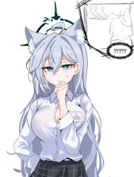 Rule 34 | 1girl, ahoge, animal ear fluff, animal ears, black skirt, blue archive, blue eyes, blush, breasts, cleavage, closed mouth, collarbone, commentary request, dark halo, extra ears, grey hair, hair between eyes, halo, highres, korean commentary, large breasts, long hair, long sleeves, looking at viewer, mismatched pupils, multiple views, pleated skirt, shiroko (blue archive), shiroko terror (blue archive), shirt, simple background, skirt, skyrain315, white background, white shirt, wolf ears