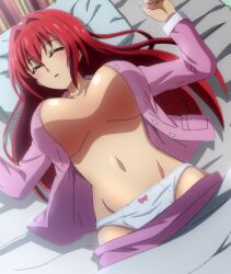 Rule 34 | 1girl, bed, blush, bow, bow panties, breasts, cleavage, closed eyes, clothes pull, highres, large breasts, long hair, lying, naruse mio, navel, open clothes, open shirt, pajamas, panties, pants, pants pull, pillow, red hair, shinmai maou no testament, shiny skin, sleeping, solo, stitched, third-party edit, underwear, white panties