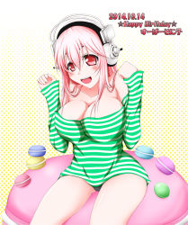 Rule 34 | 1girl, blush, breasts, cleavage, headphones, ion (artist), large breasts, long hair, looking at viewer, macaron, nitroplus, off shoulder, open mouth, panties, pink hair, red eyes, smile, solo, super sonico, underwear