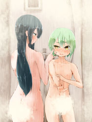 Rule 34 | 2girls, :o, ass, bathroom, black hair, blush, breasts, butt crack, convenient censoring, corocoma, cowboy shot, dimples of venus, expressionless, flat chest, green hair, half-closed eye, hand in another&#039;s hair, hand on own arm, highres, holding own arm, hose, indoors, legs apart, long hair, looking at another, multiple girls, nipples, open mouth, original, outstretched arm, profile, round teeth, shared shower, short hair, showering, sidelocks, small nipples, standing, steam, steam censor, tareme, teeth, touhoku zunko, tsurime, uneven eyes, very long hair, vocaloid, voiceroid, water, yellow eyes, yuri