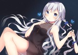 Rule 34 | 1girl, :o, artist name, bare arms, bare legs, bare shoulders, black dress, blue eyes, blue ribbon, blush, braid, breasts, bug, butterfly, dress, feet out of frame, floating hair, hair ribbon, holding hands, hands up, highres, bug, jewelry, long hair, looking at viewer, necklace, original, parted lips, ribbon, shiino sera, sidelocks, silver hair, sleeveless, sleeveless dress, small breasts, solo focus, star (sky), thighs, very long hair, wavy hair, wrist ribbon