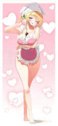 Rule 34 | 1girl, ;p, absurdres, aki rosenthal, apron, bandana, blonde hair, blue eyes, blush, breast hold, breasts, chocolate, chocolate on body, chocolate on breasts, cleavage, cup, heart, highres, hololive, naked apron, one eye closed, short hair, solo, thigh gap, tongue, tongue out, twin (tt lsh), virtual youtuber