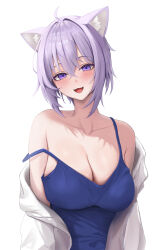 Rule 34 | 1girl, ahoge, animal ear fluff, animal ears, blue camisole, blush, breasts, camisole, cat ears, cat girl, cleavage, fang, hair between eyes, haro art, highres, hololive, large breasts, looking at viewer, nekomata okayu, off shoulder, open mouth, purple eyes, purple hair, shirt, short hair, simple background, solo, strap slip, virtual youtuber, white background, white shirt
