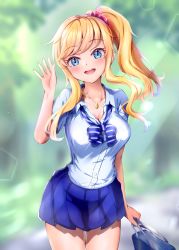 Rule 34 | 1girl, bag, blonde hair, blue eyes, blue skirt, blurry, blurry background, blush, bow, bowtie, breasts, cleavage, collarbone, collared shirt, commentary request, cowboy shot, dress shirt, hair ornament, hair scrunchie, hand up, highres, holding, holding bag, idolmaster, idolmaster cinderella girls, idolmaster cinderella girls starlight stage, jewelry, large breasts, long hair, looking at viewer, miniskirt, navel, necklace, ohtsuki yui, open mouth, outdoors, pleated skirt, ponytail, school bag, scrunchie, shirt, short sleeves, sidelocks, skirt, smile, solo, standing, striped bow, striped bowtie, striped clothes, striped neckwear, swept bangs, tudon (donut), wavy hair, white shirt