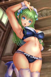 Rule 34 | 1girl, arm up, armpits, black bra, black panties, blue eyes, blue footwear, blurry, blurry background, bow, bow bra, bow panties, bra, breasts, chestnut mouth, cleavage, depth of field, english text, frilled panties, frills, frog hair ornament, frown, green hair, hair ornament, hand on own hip, high heels, highres, indoors, kochiya sanae, leg up, long hair, looking at viewer, maid headdress, medium breasts, panties, shounen (hogehoge), solo, standing, standing on one leg, tears, thighhighs, touhou, underwear, underwear only, w, white thighhighs, wrist cuffs
