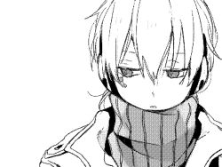 Rule 34 | 1boy, averting eyes, collared jacket, commentary, facial mark, facing viewer, greyscale, hair between eyes, headphones, jacket, jaggy lines, kagerou project, konoha (kagerou project), kyokutsuki, looking to the side, male focus, monochrome, oekaki, parted lips, portrait, screentones, short hair, simple background, solo, sweater, turtleneck, turtleneck sweater, upper body